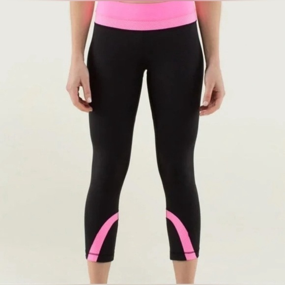 Lululemon Run Inspire Crop Black with Pink Accent Leggings - Picture 1 of 7